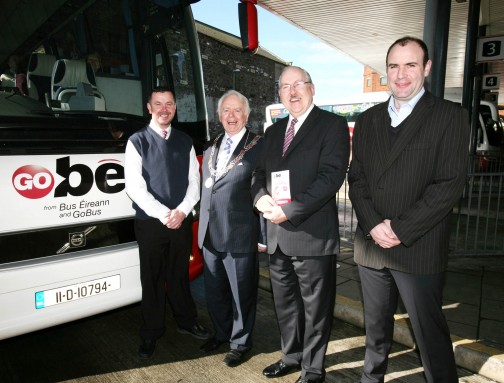 The Deputy Lord Mayor Cllr Jim Corr on his visit to the Bus Station in Parnell Place, Cork today presented a voucher to the 50,000 customer travelling with the GoBé service since it was introduced by Irish transport providers Bus Éireann and GoBus in September 2012. 