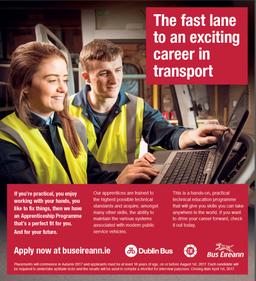 Bus Éireann, the national bus and coach company and Dublin Bus, which operates bus services in the greater Dublin Area are now seeking to recruit apprentice heavy vehicle mechanics in Dublin, Cork, Waterford, Rosslare, Stranorlar, Ballina, Limerick, Thurles, Tralee, Galway, Athlone, Longford