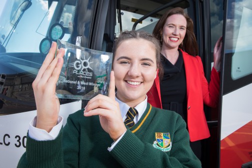 Transition year student Alannah Doherty from Blacklion, Co Cavan has been named national winner of the inaugural Bus Éireann ‘Go Places’ Competition. The competition invited TY students from around the country to submit projects – in words, photographs, or videos – about their journey to school. In an humorous photo essay, Alannah detailed her journey to school from her home in Blacklion, starting outside Neven Maguire’s famous restaurant MacNean House & Restaurant and travelling along the picturesque Lough MacNean, to St Clare's Comprehensive School in Manorhamilton, Co. Leitrim. Alannah won an iPad and a trip to Tayto Park for her class. There were three regional winners, Alannah in West, Ruairi Meehan in the East, and Jane Tiernan in the South. Pictured with Alannah in Bus Éireann headquarters in Broadstone is Nicola Cooke, Bus Éireann Media & PR Manager. The competition will run again in 2019. For more information visit www.goplaceswithbe.ie