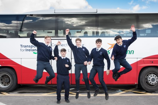 The East Winner of the Bus Éireann ‘Go Places’ competition for transition year students is Ruairi Meehan from Dunshaughlin Community College, Co. Meath. Pictured is Ruairi with his trophy and his class friends, Adam Kennedy, Colin Dharsan, Mark O’Brien & Kyle Roche. Ruairi won a brand new iPad and a trophy.