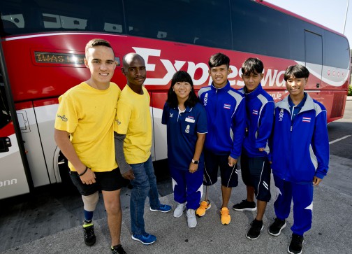 BusEireann/Expressway & The IWAS World Youth Games. Pictured from left is Emile Burgers, Tebogo Mofokeng from South Africa with Prakaithip Chaiwong, Kantinan Khumphong, Mueangprathum Teppitak and Monruedee Kangpila all from Thailand