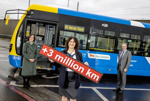 Image: Anne Graham CEO of NTA with Bus Driver Rhonda Byrne and CEO Bus Éireann Stephen Kent - new and increased frequency in routes totals additional 3 million kilometres a year