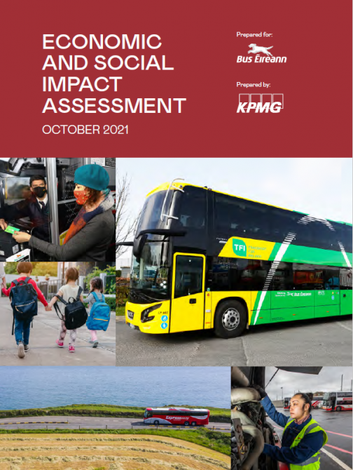 Image shows the cover of the report which includes a yellow and green double deck bus, a woman using a leap card, children running into school, a red Expressway bus driving along the coast and an apprentice mechanic looking at an engine