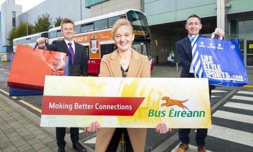 Aled Williams, Bus Éireann Senior Operations Manager - South, Clare O'Neill, Marketing Manager at Mahon Point Shopping Centre and Justin Young, General Manager at Mahon Point Shopping Centre encouraging people in Cork to take the bus to Mahon Point for their Christmas Shopping