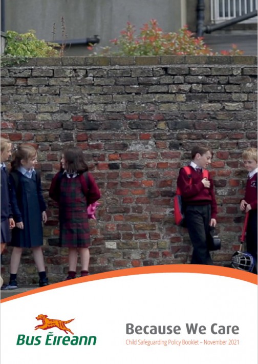 Image is of Bus Éireann Safeguarding children policy and the cover shows school children